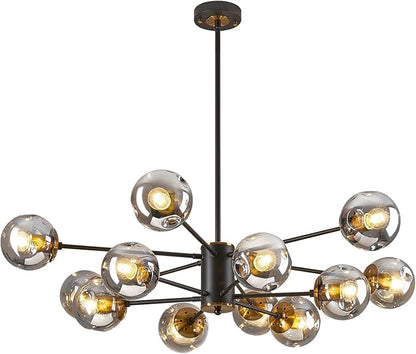 DDLLDESHI 2 Tiered Modern Gold Chandelier Sputnik Ceiling Light Fixture with 12 Globe Glass Bubble Shade Chandeliers for Dining Room Hotel Bar Home Billiard Room (41" Large Black Chandelier)