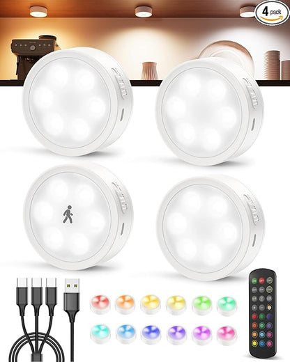 Radar Motion Sensor Puck Lights with Remote Control, RGB Rechargeable Wireless Under Cabinet Lighting for Kitchen, Magnet Stick on LED Closet Lights, Cordless Night Light for Counter, Stair, Bookshelf