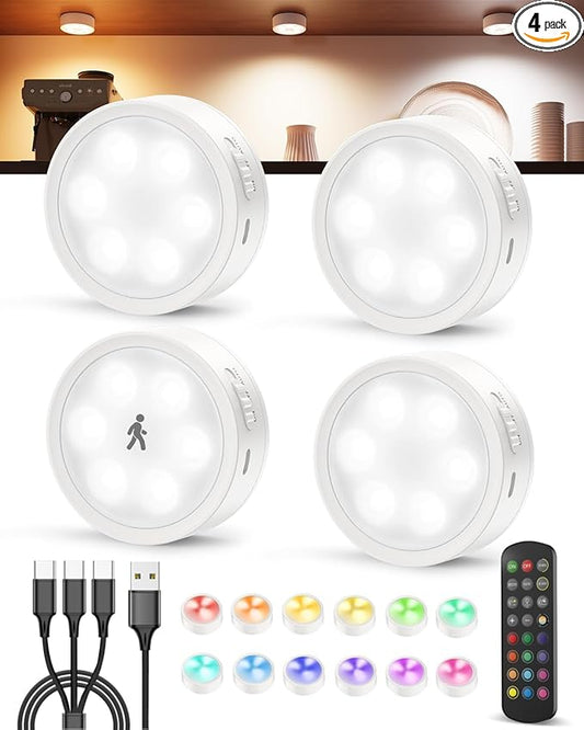 Radar Motion Sensor Puck Lights with Remote Control, RGB Rechargeable Wireless Under Cabinet Lighting for Kitchen, Magnet Stick on LED Closet Lights, Cordless Night Light for Counter, Stair, Bookshelf