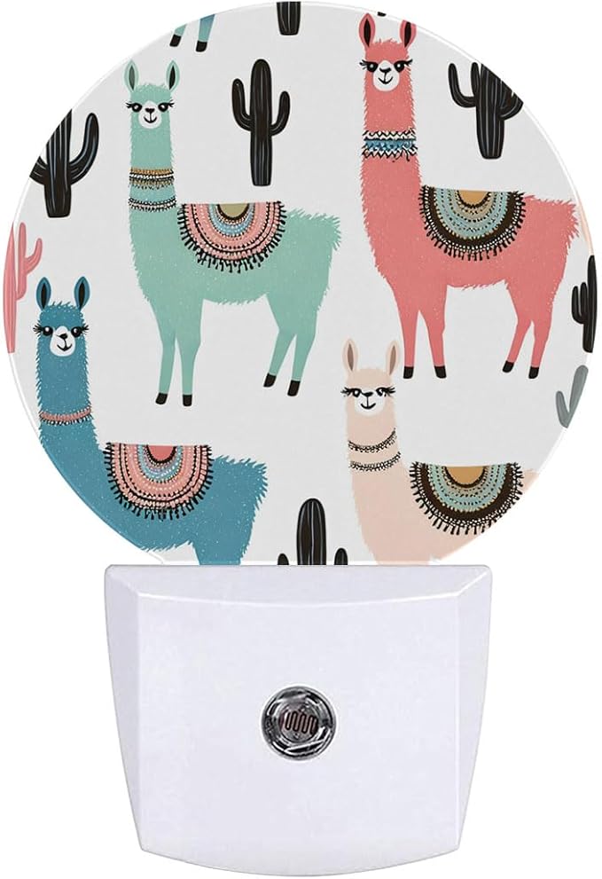 Pink Green White Llama Alpaca Plug in Night Light Auto Light Round Lamps Energy Saving Gift for Women Men Friends