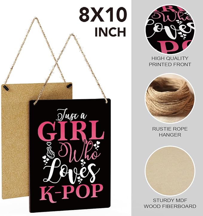 K-Pop Decor, Just a Girl Who Loves K-Pop Room Decor Wood Sign, Girls K-Pop Gifts Rustic Anime Lovers Wooden Hanging Plaque for Home Living Room Girl Bedroom Wall Art Decoration