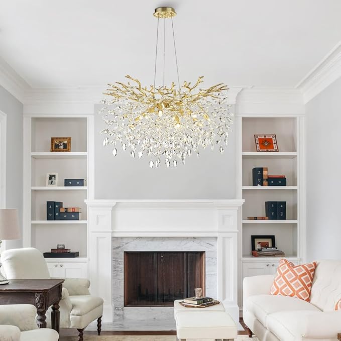 Modern Crystal Tree Branches Chandelier, 30in Gold 10 Lights Large Ceiling Hanging Light for Dining Room, Round Raindrop Pendant Light Fixture