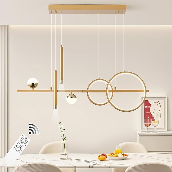 ORANOOR LED Gold Chandeliers for Dining Room, 39in Dimmable Modern Chandelier Gold Pendant Lights for Kitchen Island, Linear Ring Globe Pendant Light Fixtures Dining Room Lights Ceiling Hanging
