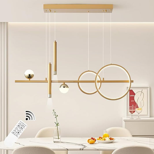 ORANOOR LED Gold Chandeliers for Dining Room, 39in Dimmable Modern Chandelier Gold Pendant Lights for Kitchen Island, Linear Ring Globe Pendant Light Fixtures Dining Room Lights Ceiling Hanging