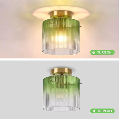 Modern Semi Flush Mount Ceiling Light, Vintage Gradient Green Glass Ceiling Light Fixture, for Closet Dining Room Kitchen Bedroom Entryway Hallway Hanging Lamp