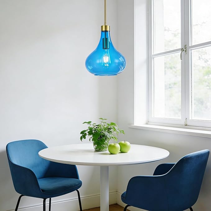 Modern Glass Pendant Light 9.44 in Blue Glass Shade Gold Farmhouse Island Pendant Lights for Kitchen Pendant Lighting Over Sink Bedroom Dining Room