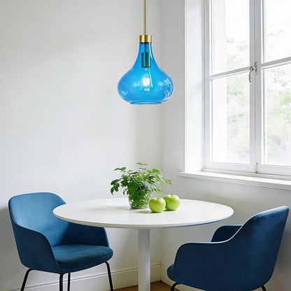 Modern Glass Pendant Light 9.44 in Blue Glass Shade Gold Farmhouse Island Pendant Lights for Kitchen Pendant Lighting Over Sink Bedroom Dining Room