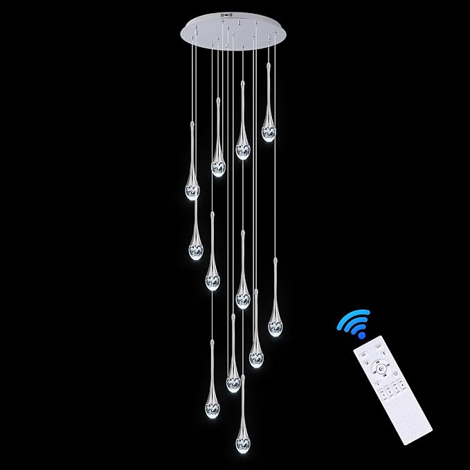 Modern Crystal Staircase Chandelier Polished Chrome 12-Lights, H120'' Large High Ceiling Spiral Dimmable LED Raindrop Foyer Entryway Light Fixture Remote Control