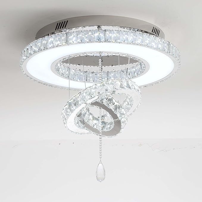 Flashing God Dia 24" Modern Chandelier for Living Room Silver Crystal Ceiling Chandelier Flush Mount Ceiling Light for Dining Room Bedroom Hallway LED Light Fixture Dimmable with Remote