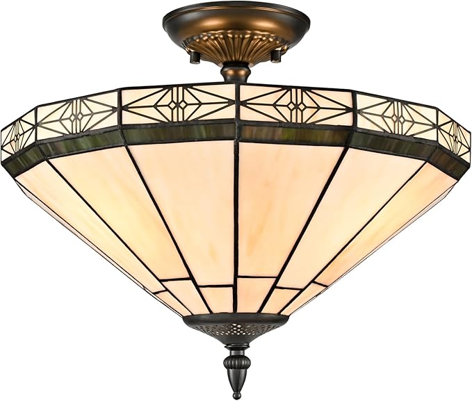 DIRYZON Tiffany Style Flush Mount Ceiling Light - 3-Light Stained Glass Light Fixture Vintage Ceiling Light with Glass Copper Shade for Hallway Living Room Bedroom