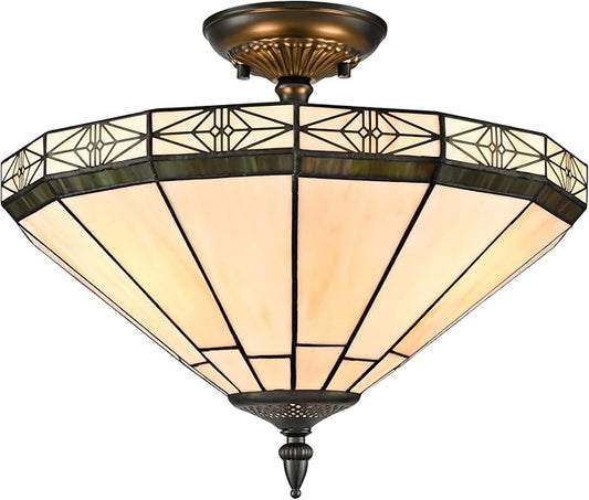 DIRYZON Tiffany Style Flush Mount Ceiling Light - 3-Light Stained Glass Light Fixture Vintage Ceiling Light with Glass Copper Shade for Hallway Living Room Bedroom