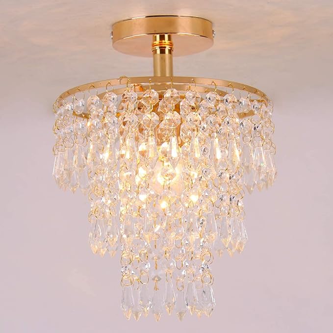 FRIXCHUR Mini Size Crystal Chandelier Modern Flush Mount Ceiling Light 3 Tiers Raindrops Crystal Pendant Lighting Fixture Decoration for Bedroom Hallway Living Room,E26 Base,Gold