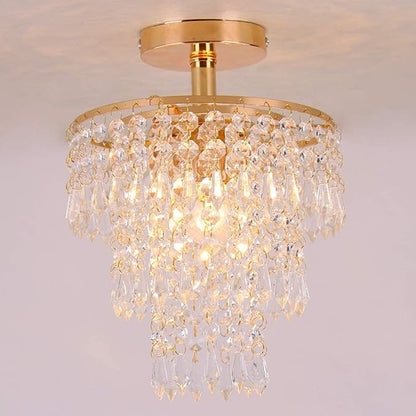 FRIXCHUR Mini Size Crystal Chandelier Modern Flush Mount Ceiling Light 3 Tiers Raindrops Crystal Pendant Lighting Fixture Decoration for Bedroom Hallway Living Room,E26 Base,Gold
