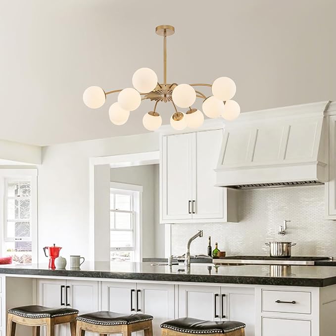 Longree 12-Light Gold and White Sputnik Chandeliers with Blossom Accent Opal Glass Bubble Pendant Light Fixture Mid Century Milk Glass Starburst Lighting for Dining Hallway Living