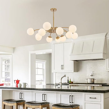 Longree 12-Light Gold and White Sputnik Chandeliers with Blossom Accent Opal Glass Bubble Pendant Light Fixture Mid Century Milk Glass Starburst Lighting for Dining Hallway Living