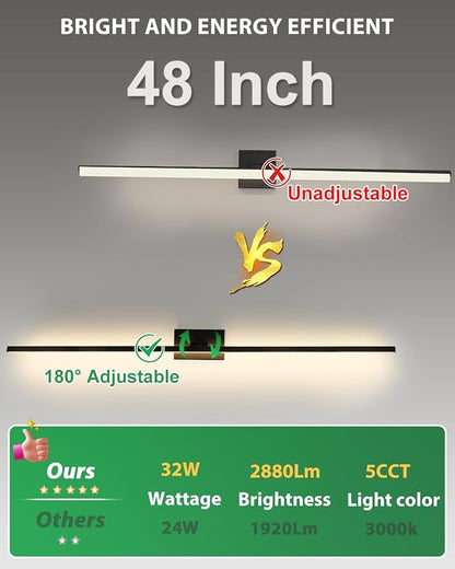 zouzai 2nd Gen Modern LED Bathroom Vanity Light Bar, Dual-Sided Black IP44 Wall Fixture Over Mirror, 5CCT Adjustable (2700K–5000K), 180° Rotatable, Dimmable – Upgraded Design(48 inch)