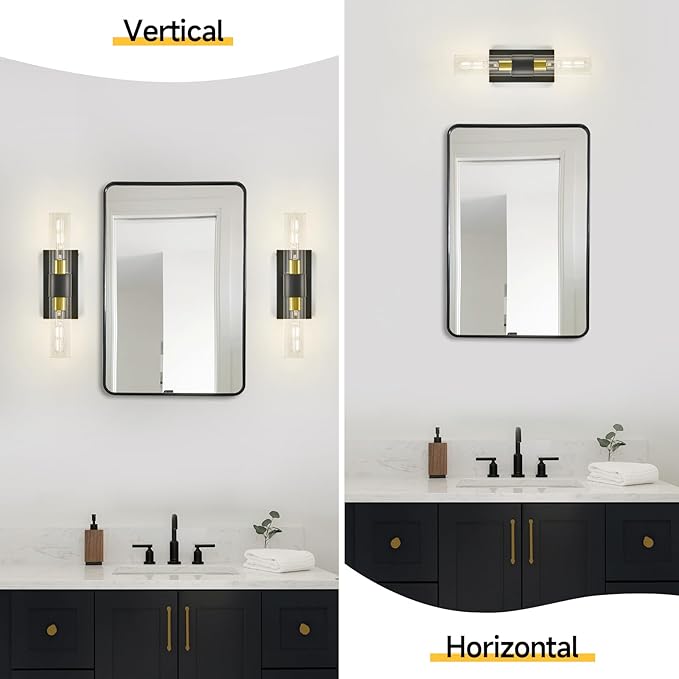 19" Black and Gold Wall Sconce,Modern Bathroom Light Fixtures,2-Light Vanity Lights for Mirror,Indoor Wall Lamp Wall Mount Hardwired Light for Bedroom with Clear Glass,E26 Base,1 Pack
