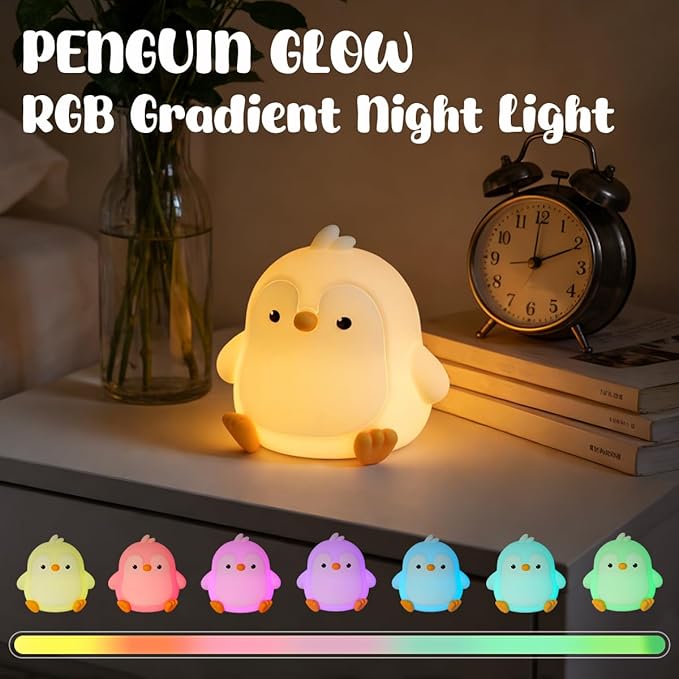 Cute Penguin Night Light for Kids, 3 Adjustable Brightness Levels & 6 White Noise Sounds,Rechargeable Variable Color Penguin lamp Gifts,Cute Room Decor Night Light for Kids Girls Boys