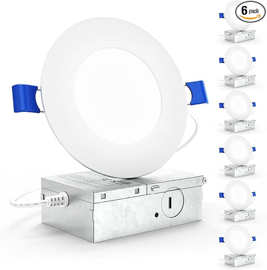 Sunco 6 Pack 4 Inch LED Recessed Lights, Slim Canless Ceiling Lighting, 650 LM, 10W (60W Equivalent), 6000K Daylight Deluxe, Dimmable, Wafer Thin, Ultra Thin with Junction Box ETL