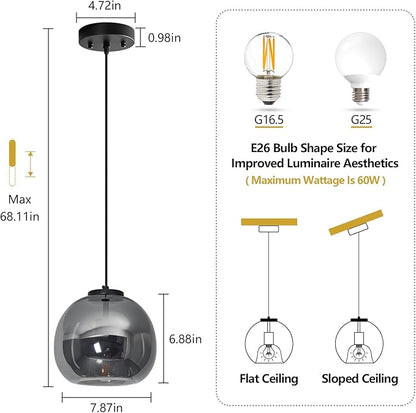 Mirror Smoke Gray Glass Pendant Lights Kitchen Island 3 Pack 7.87" Glass Globe Pendant Light Black Hanging Light Fixture Modern Pendant Lighting for Kitchen Island Bedroom Dining Room