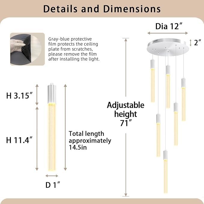 Luxury 6-Light Silver Bubble Crystal Column Chandelier, Dimmable LED Adjustable Height Pendant Light for Kitchen Island, Living Room, Foyer, Staircase