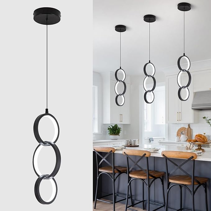 6000K Modern Led Pendant Light Fixture, 18W Black Spiral Led Pendant Lamp Chandelier Hanging Lamp,Adjustable Height Pendant Lights for Kitchen Dining Room Bedroom Kitchen Island, 1 Pack