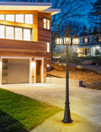 Dusk to Dawn Vintage Outdoor Post Light 82.7"H 3-Headed Lamp Post with Outlet IP65 Waterproof Street Lantern 3 Light Black Clear Glass Outdoor Lamp Post Lights E26 Outdoor Street Light Yard