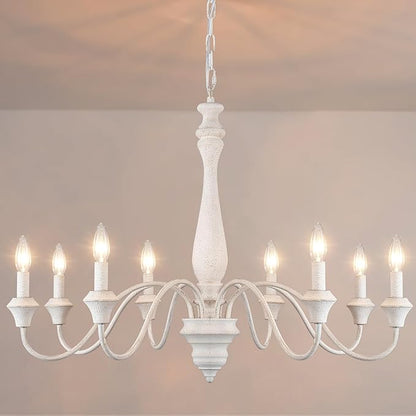 French Country Chandelier, 8-Lights Farmhouse Chandeliers for Dining Room Distressed White Chandelier, Rustic Candle Chandelier for Living Room Bedroom Kitchen
