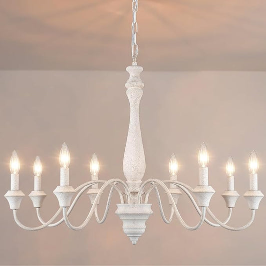 French Country Chandelier, 8-Lights Farmhouse Chandeliers for Dining Room Distressed White Chandelier, Rustic Candle Chandelier for Living Room Bedroom Kitchen