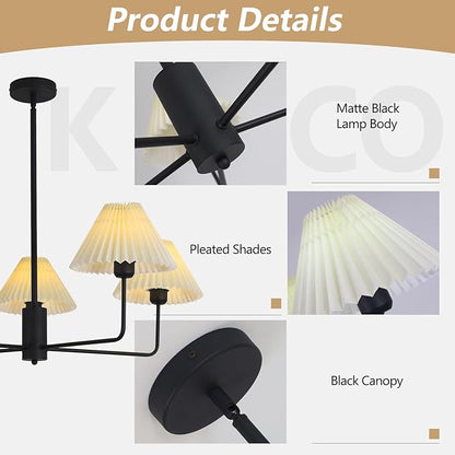KCO Lighting Vintage Pleated Fabric Ceiling Light Fixture Mid Century Modern Black Chandelier Contemporary Large White Chandelier 5 Light Chandeliers for Dining Room Living Room