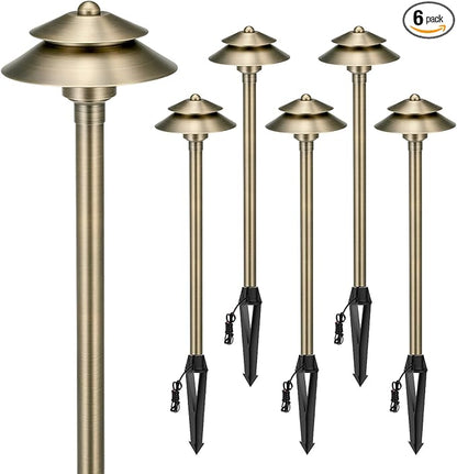 Gardencoin Solid Brass Low Voltage Landscape Pathway Lights (6'' Shade, 19'' Tall), 12V LED Heavy Duty Path Lighting Outdoor Wired, Waterproof Antique Bronze Walkway Light Without G4 Bulb,6 Pack