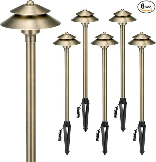 Gardencoin Solid Brass Low Voltage Landscape Pathway Lights (6'' Shade, 19'' Tall), 12V LED Heavy Duty Path Lighting Outdoor Wired, Waterproof Antique Bronze Walkway Light Without G4 Bulb,6 Pack
