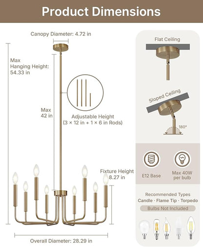 Yunnix 8 Light Champagne Bronze Chandelier - Modern Gold Chandelier Dining Room Light Fixture - 28" Vintage Chandelier for Bedroom Kitchen Island Lighting, Foyer and Living Room