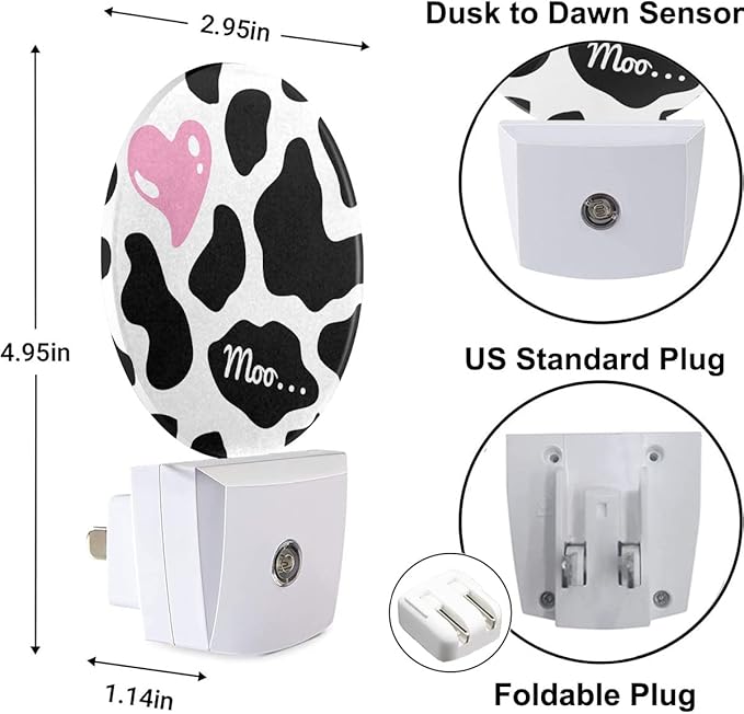 Cow Nightlight Black Cow Print with Cute Pink Heart LED Dusk to Dawn Plug-in Nightlight Auto Sensor for Bedroom Bathroom Hallway Living Room
