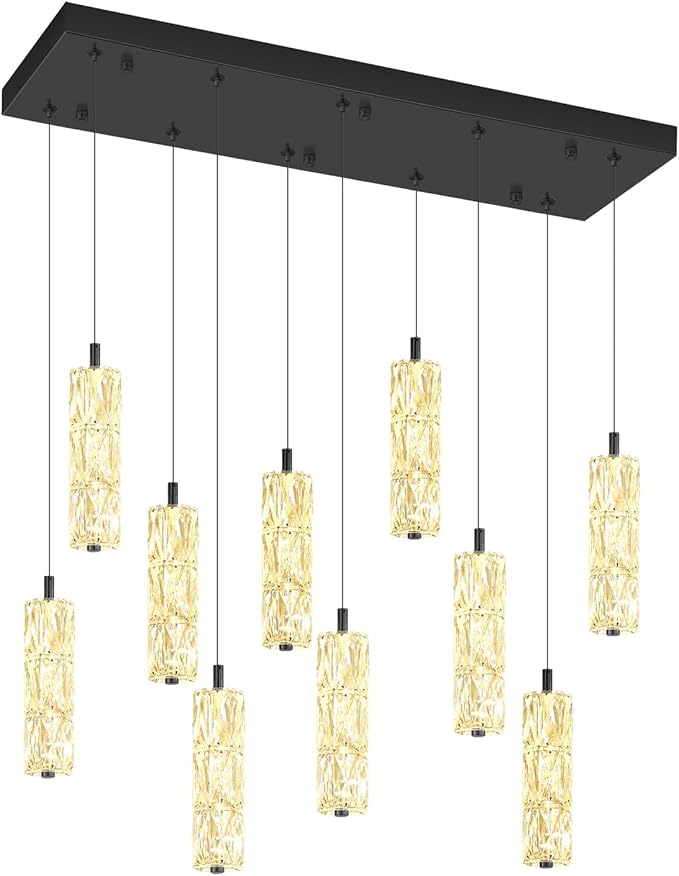 ykolupty Modern Crystal Chandelier 10-Lights Rectangle Pendant Light LED Dimmable Black Linear Chandelier Flush Mount Crystal Pendant Light for Living Room Dining Room Foyer
