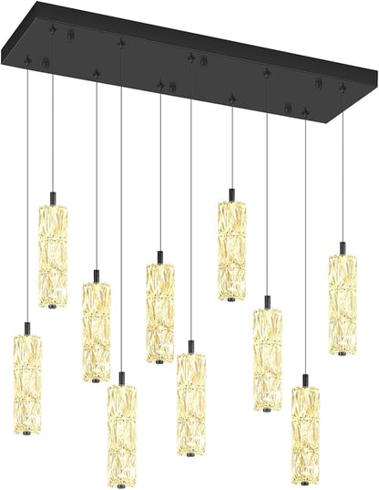 ykolupty Modern Crystal Chandelier 10-Lights Rectangle Pendant Light LED Dimmable Black Linear Chandelier Flush Mount Crystal Pendant Light for Living Room Dining Room Foyer