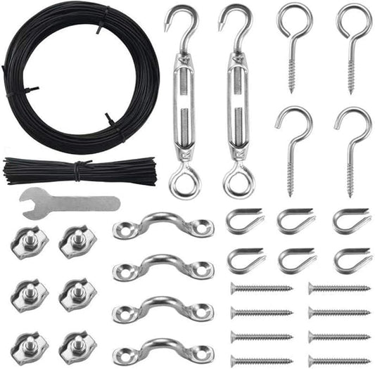 Outdoor Lights Hanging Kit,Globe String Light Suspension Kit,100FT Black Vinyl-Coated 304 Stainless Steel Guide Wire Cable,Include Wire Rope Tension Turnbuckle and Eye Hooks