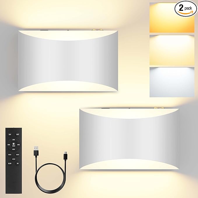 FOLKSMATE Battery Operated Wall Sconces Set of 2, White Rechargeable Remote & Touch Wall Lamps, 3 Color Temperatures, Dimmable Lamp for Bedroom, Living Room, Hallway
