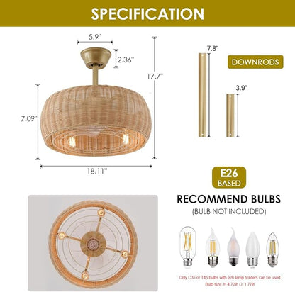 18.1" Rattan Caged Ceiling Fan with Lights 4-Light Beige Fandelier with Light Boho Bamboo Chandelier Fan with Light Reversible Motor, Remote Wicker Pendant Light with Fan for Bedroom Living Room