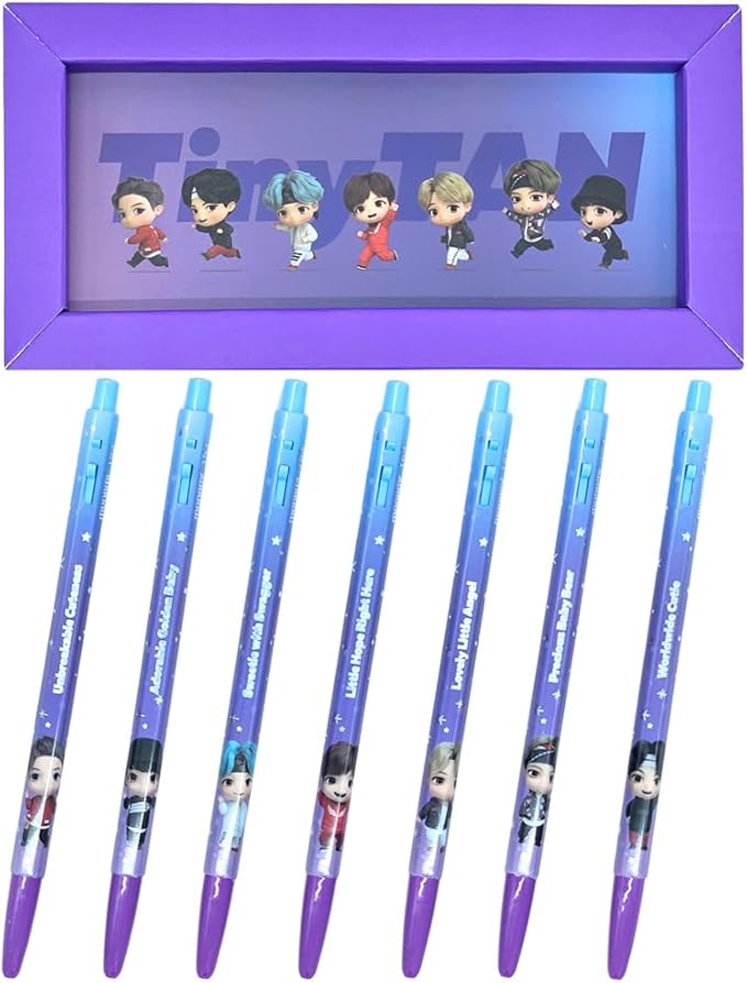 TinyTAN BTS Merchandise Official Licensed Kpop Merch Character Ballpoint Pen Black, 0.5mm, (1 Pack of 7 Pens) (MIC Drop Ver.)