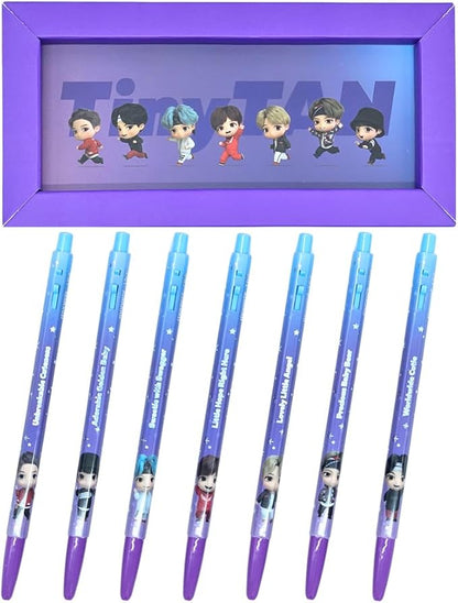 TinyTAN BTS Merchandise Official Licensed Kpop Merch Character Ballpoint Pen Black, 0.5mm, (1 Pack of 7 Pens) (MIC Drop Ver.)
