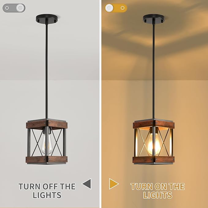 Genuine Wood Farmhouse Pendant Light, 2 Pack Rustic Farmhouse Linear Chandelier with Wood and Metal Cage, Kitchen Island Pendant Light Adjustable Height for Dining Room Light Kitchen Island Bedroom