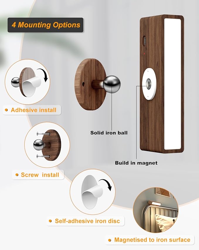 DetarZinLED Wall Lights Battery Operated Wooden,Magnetic Wall Sconces Rechargeable,Adhesive Wall Lights for Bedroom,Dimmable Wall Mounted Bedside Lamp,Cordless Battery Wall Sconce for Bedroom Reading
