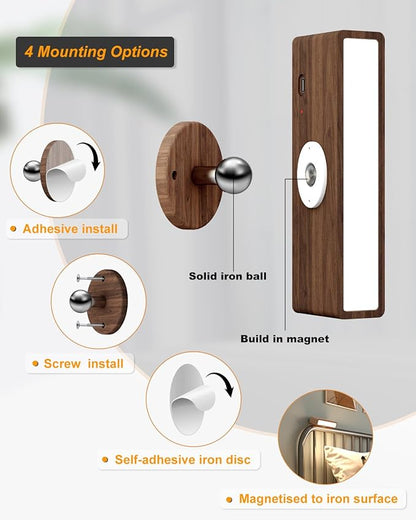 DetarZinLED Wooden Wall Lights Battery Operated with Remote,Rechargeable Wall Sconce for Bedroom with 3 Color Temperature, Magnetic, Stick-On, Dimmable Wall Reading Lights (Walnutwood, 1 Pack)