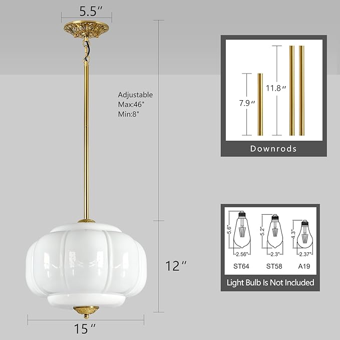 Milk Glass Pendant Light, 15 Inch White Handblown Shade with Antique Brass Hardware, Adjustable Hanging Rod Vintage Chandelier, Dimmable E26 Base Fixture for Kitchen Island, Dining Room, Livingroom