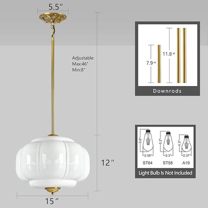 Milk Glass Pendant Light, 15 Inch White Handblown Shade with Antique Brass Hardware, Adjustable Hanging Rod Vintage Chandelier, Dimmable E26 Base Fixture for Kitchen Island, Dining Room, Livingroom