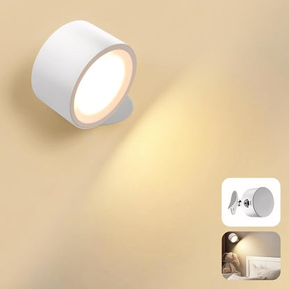 LED Wall Mounted Lamps, Battery Operated Rechargeable Wall Lights, 3CCT & Dimmable, 360°Rotation with Magnetic Ball, Cordless Wall Sconces for Picture Bedside Bedroom Reading, White-1 Pack