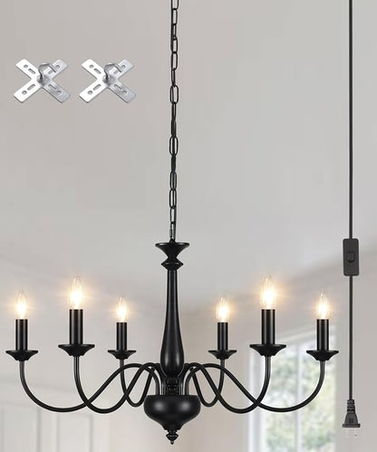 Plug in Chandelier Lighting with Cord 15ft & On/Off Switch, Hanging Lights with Plug in Cord, 6 Light Black Farmhouse Chandelier for Dinging Room Living Room Kitchen Island Bedroom