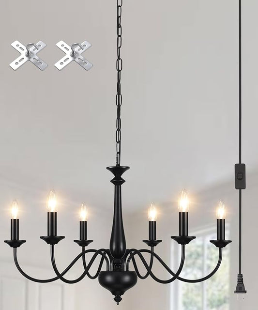 Plug in Chandelier Lighting with Cord 15ft & On/Off Switch, Hanging Lights with Plug in Cord, 6 Light Black Farmhouse Chandelier for Dinging Room Living Room Kitchen Island Bedroom