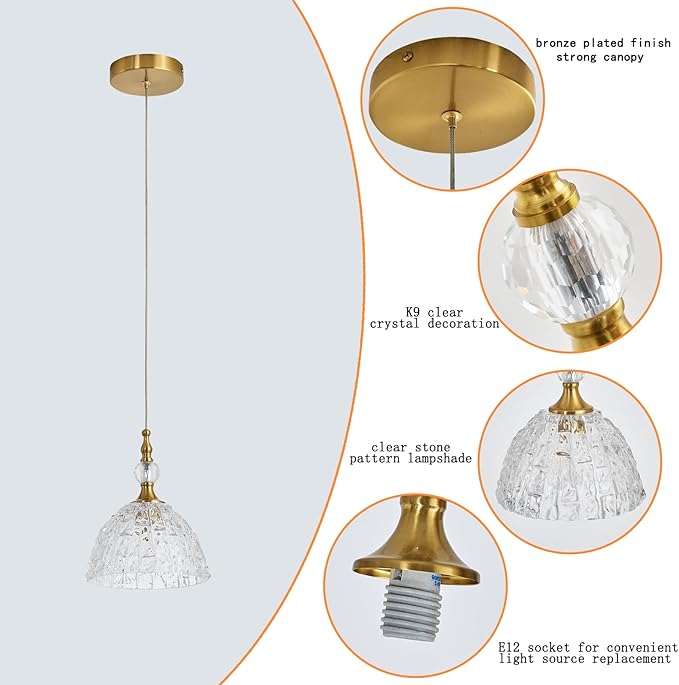 2 Pack Modern Bronze Glass Pendant Light 7.68 in Dome Light Fixture with K9 Crystal Ball Adjustable Height Vintage Brass Hanging Lights for Kitchen Island Bedroom Dining Room Living Room